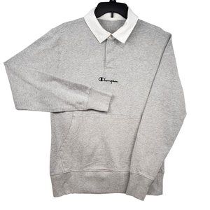 Champion Men's Size M Rugby Polo Long Sleeve Grey Pullover Jersey Knit Shirt